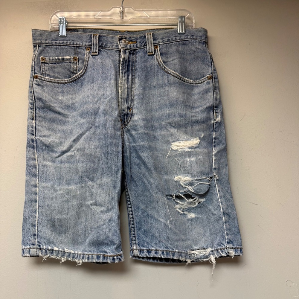 Levi's 505 Denim Shorts Mens 34 Light Blue Fair Distressed Frayed Vintage 14747